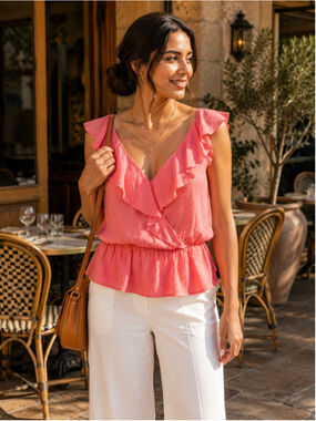 Paige Medium Coral Pink Ruffle Faux Wrap Top Textured Sleeveless Blouse Boho